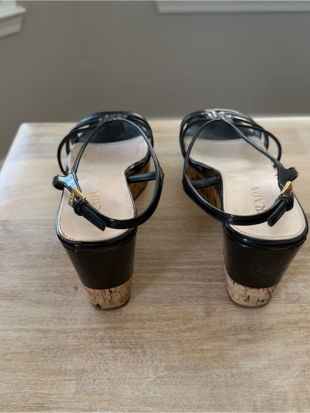 Prada Black Patent Cork Wedges